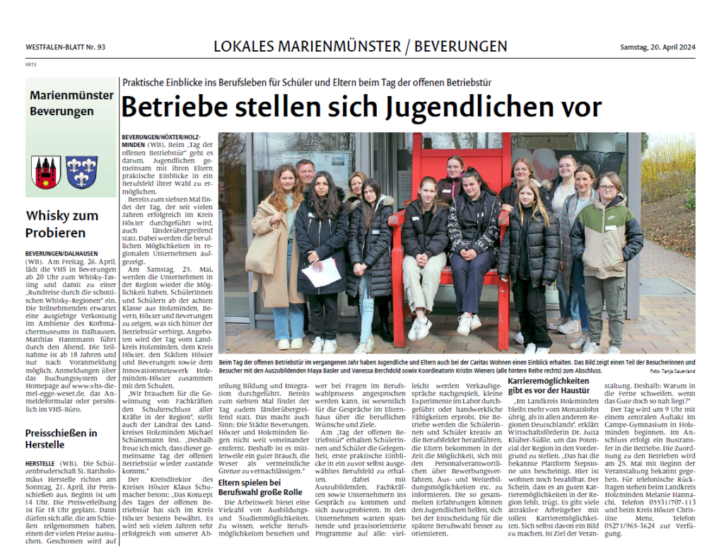 Westfalen-Blatt vom 20. April 2024:“Betriebe stellen sich Jugendlichen vor“